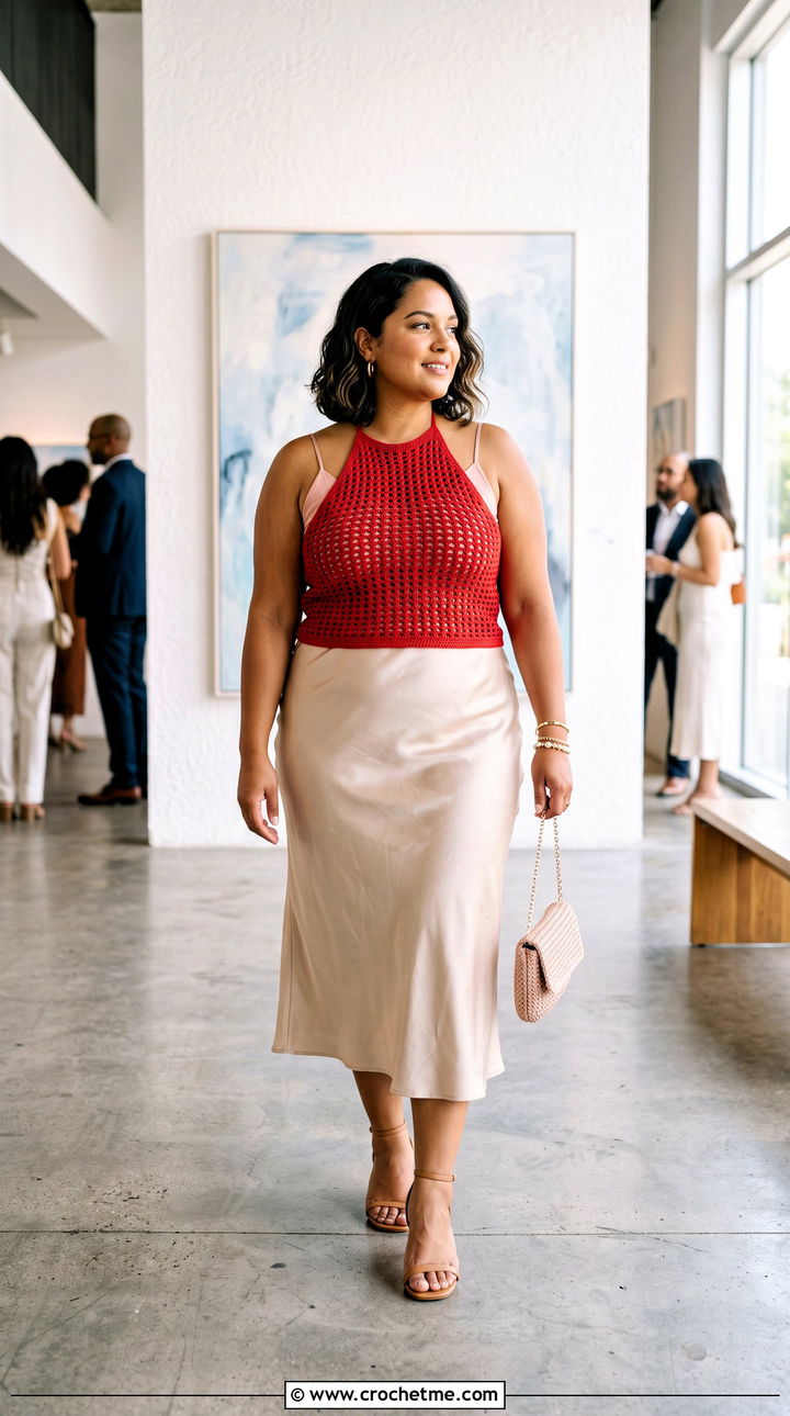 Mesh Crochet Halter Top With Slip Skirt - 30 plus size crochet halter top outfit ideas