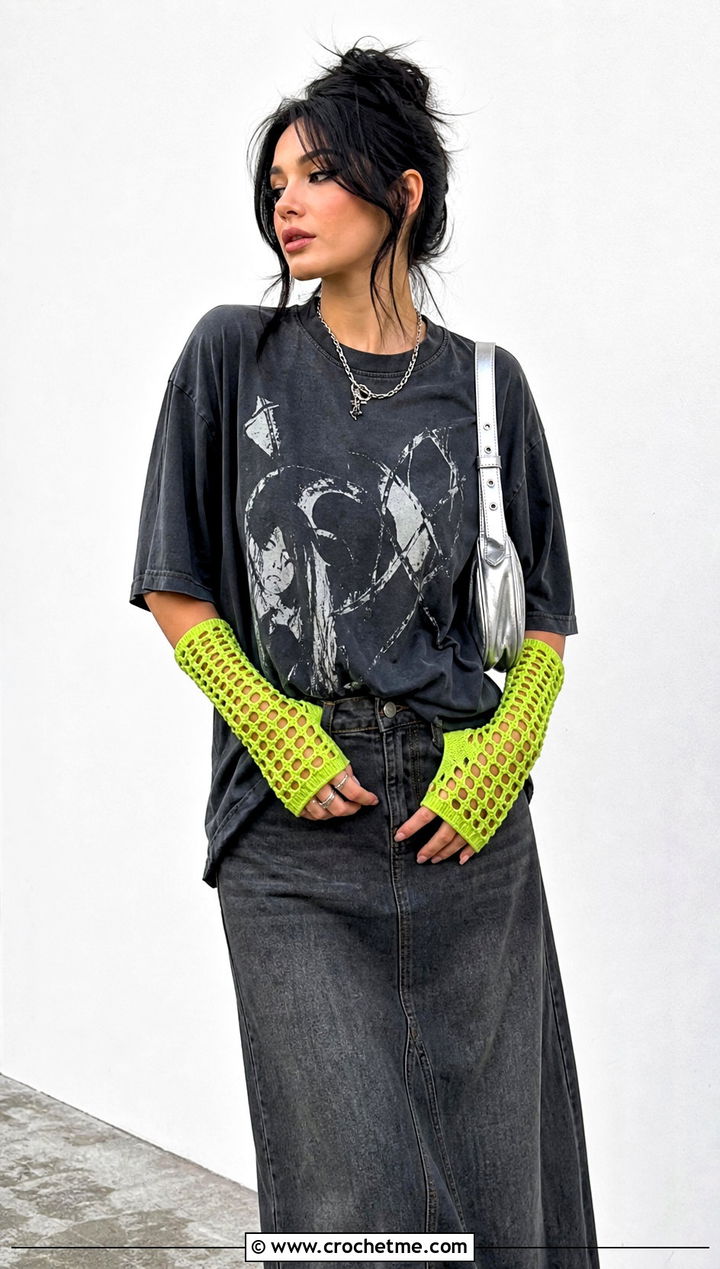 Mesh Crochet Hand Warmers With Graphic T Shirt - 30 easy crochet hand warmers outfit ideas