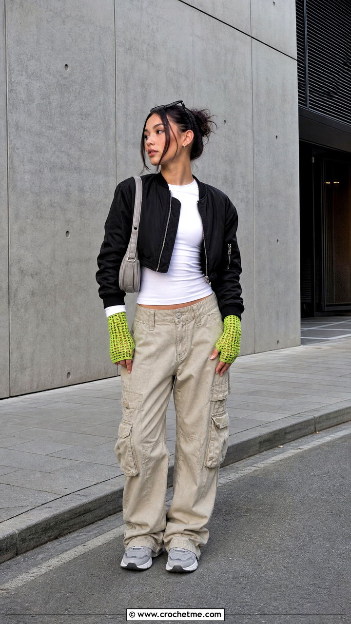 Mesh Crochet Handwarmers With Cargo Pants - 35 Crochet Handwarmer outfit ideas