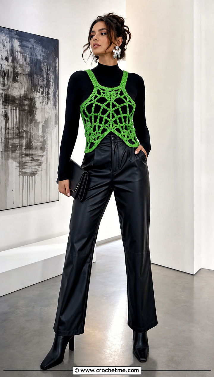Mesh Crochet Harness Top With Leather Pants - 15 Crochet Harness Top outfit ideas