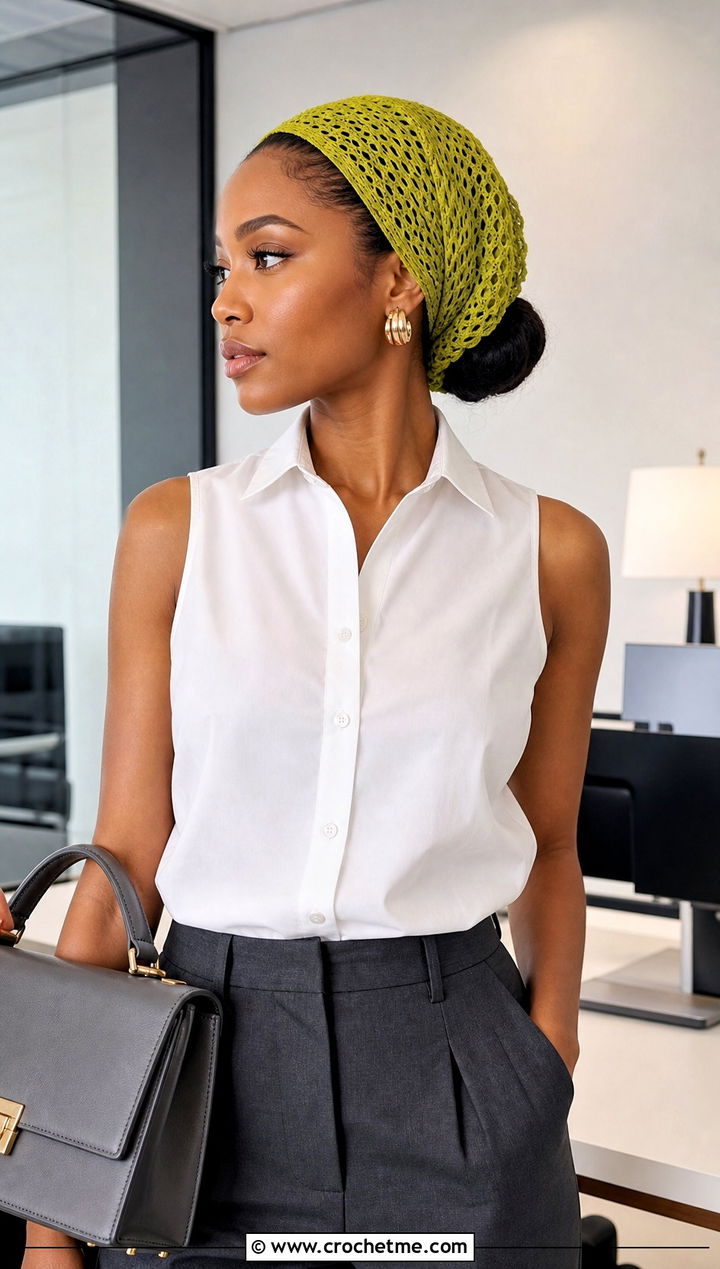 Mesh Crochet Head Wrap With Tailored Trousers - 15 crochet head wraps outfit ideas
