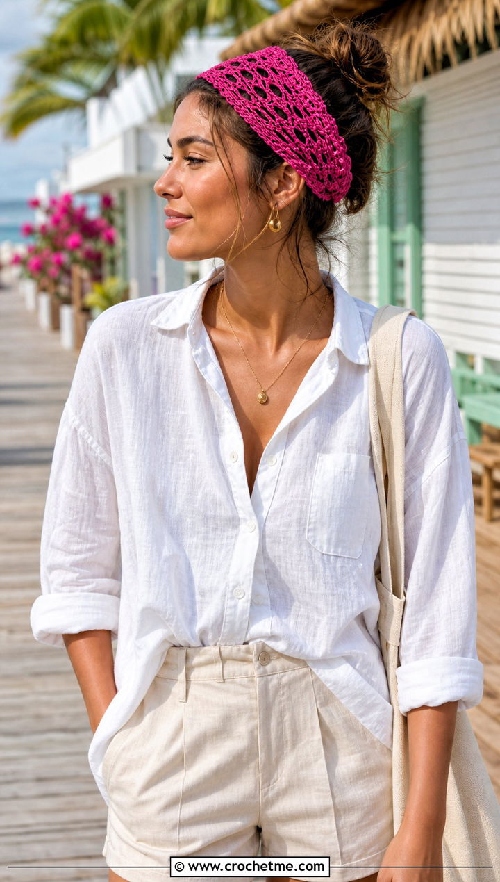Mesh Crochet Headband With Linen Shirt And Shorts - 30 simple crochet head bands outfit ideas