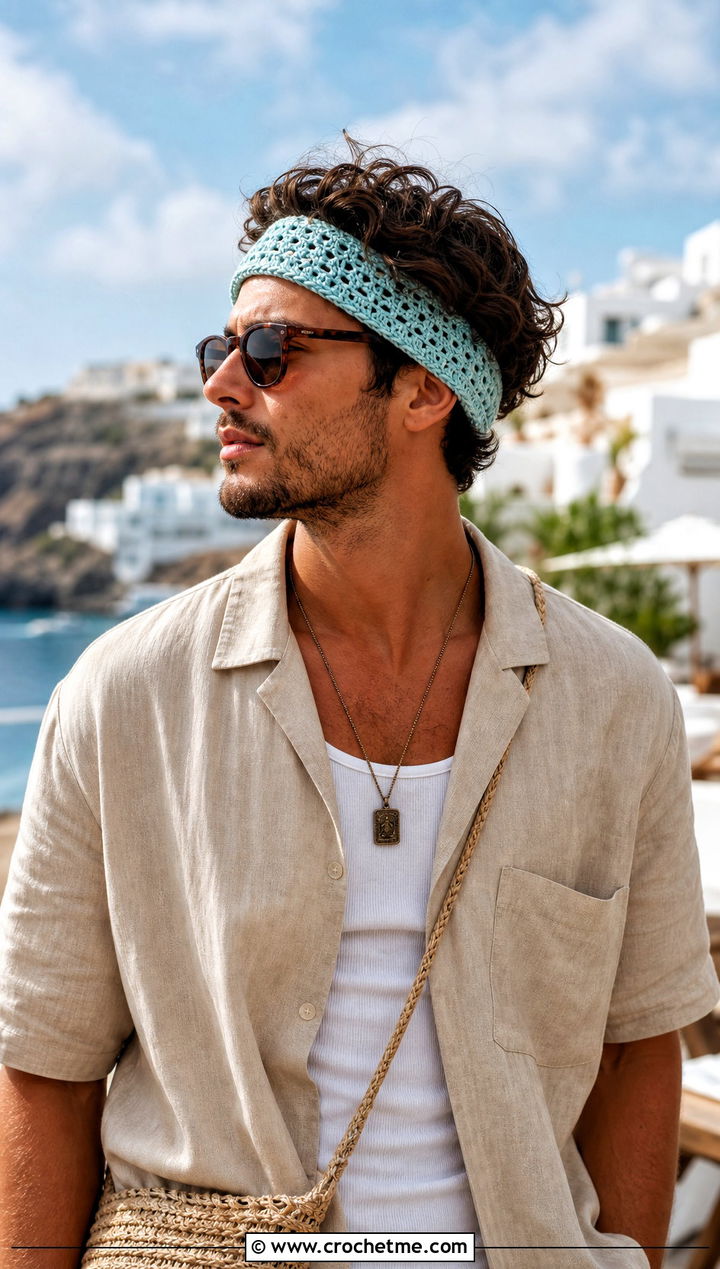 Mesh Crochet Headband With Linen Shirt - 25 men's crochet headband outfit ideas