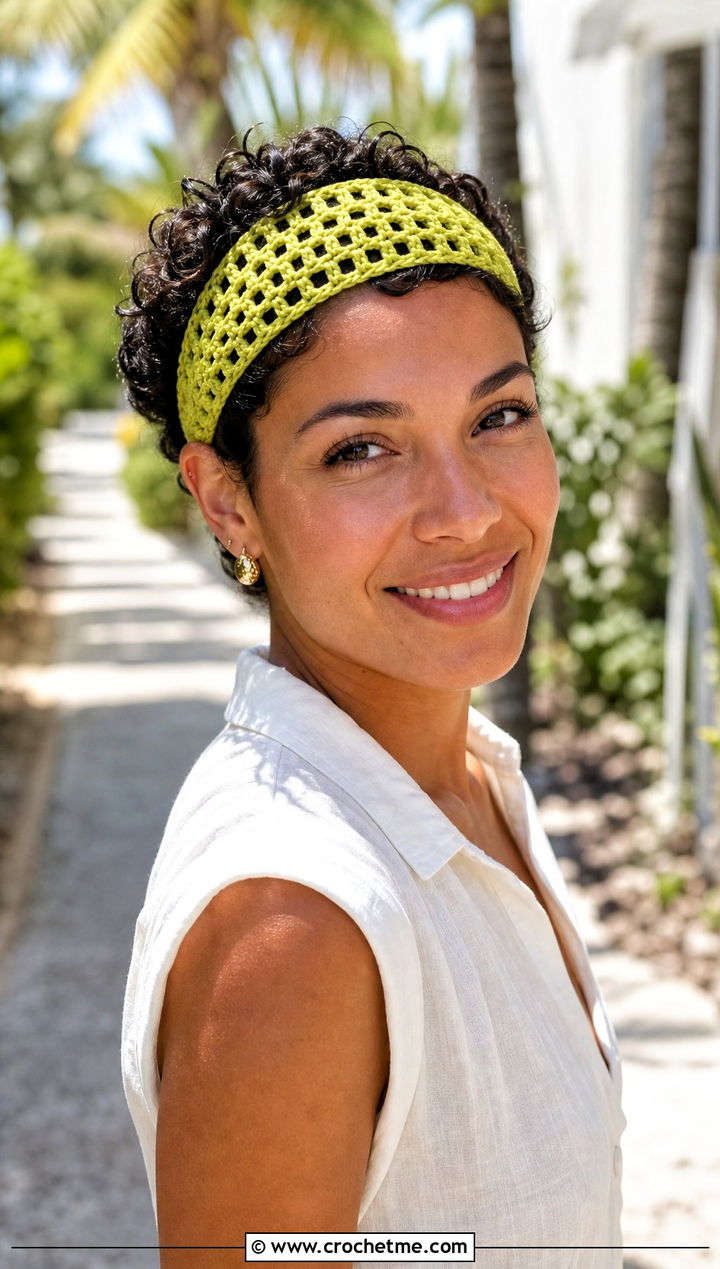 Mesh Crochet Headband With Linen Vacation Outfit - 25 crochet headband for short hair outfit ideas
