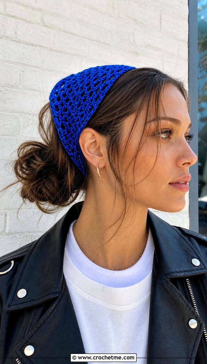 Mesh Crochet Headband With Moto Jacket - 30 crochet fall headband outfit ideas