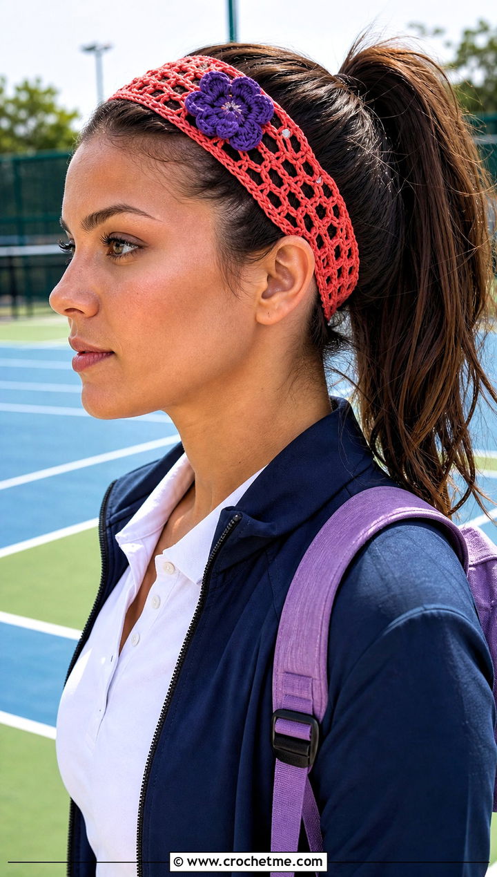Mesh Crochet Headband With Tennis Skirt Outfit - 15 crochet headband with purple flower outfit ideas