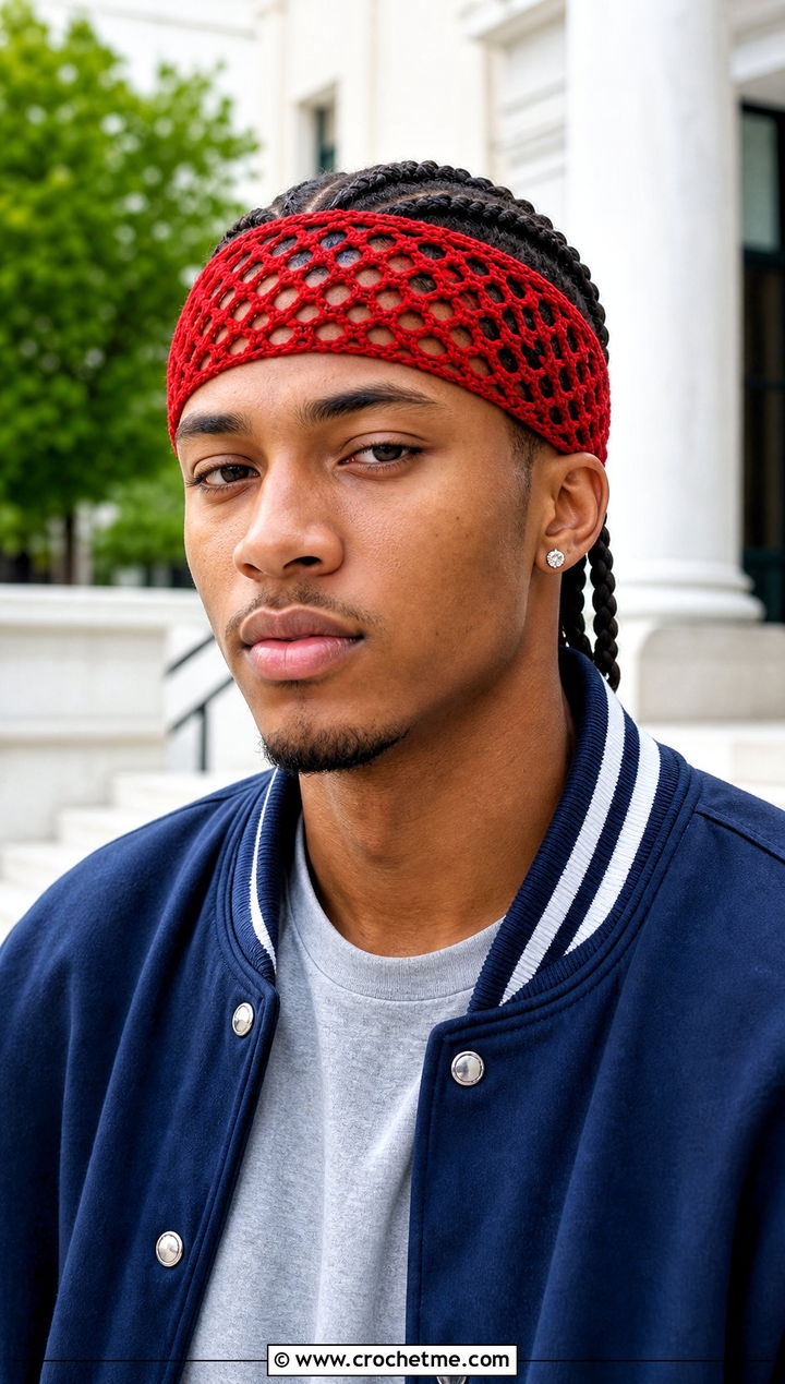 Mesh Crochet Headband With Varsity Jacket And Wide Leg Jeans - 15 Crochet Headband For Men outfit ideas