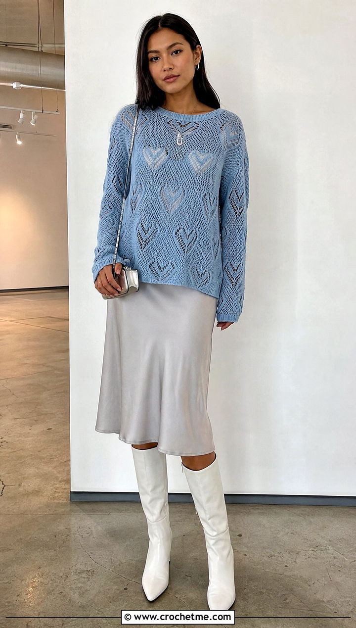 Mesh Crochet Heart Sweater Over A Slip Dress - 35 crochet heart sweater outfit ideas