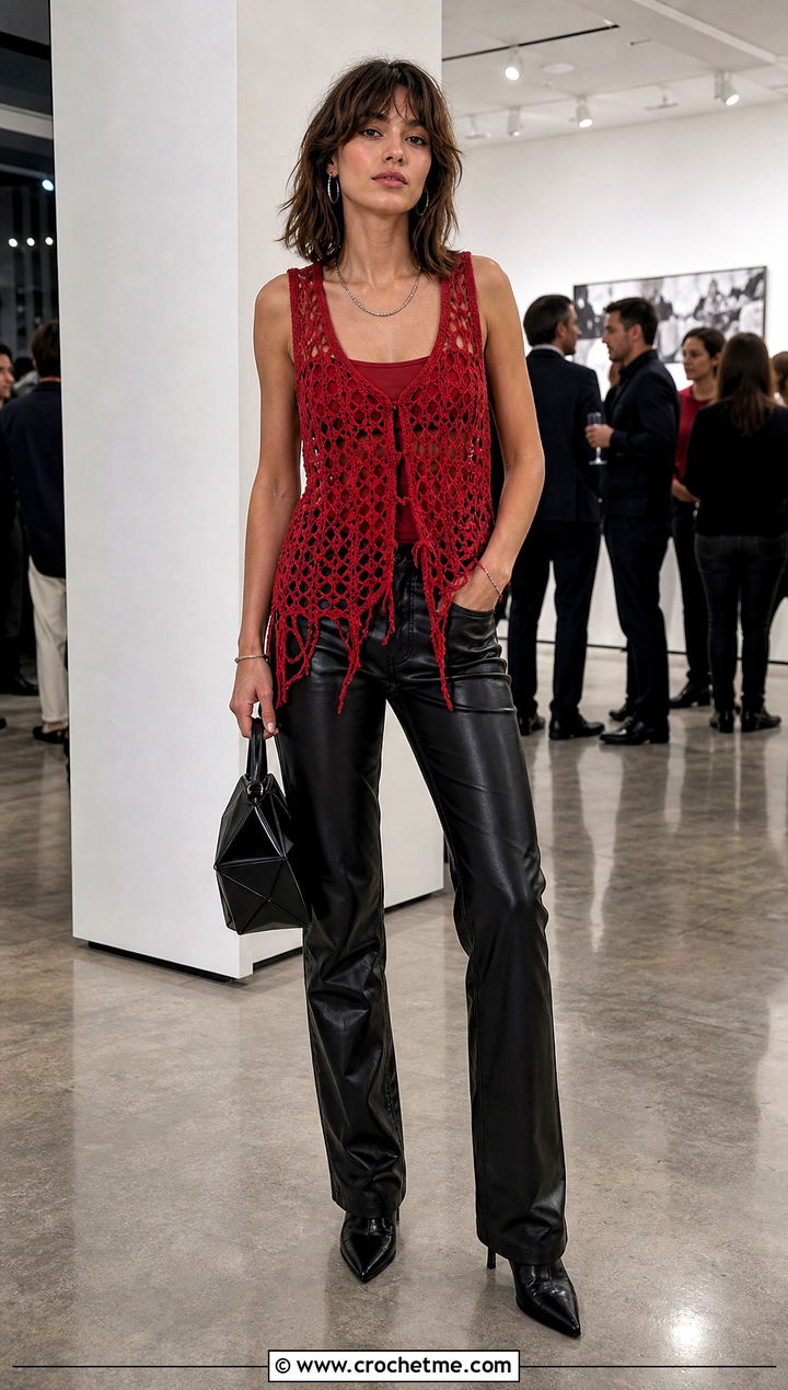 Mesh Crochet Hippie Vest With Leather Pants - 25 crochet hippie vest outfit ideas