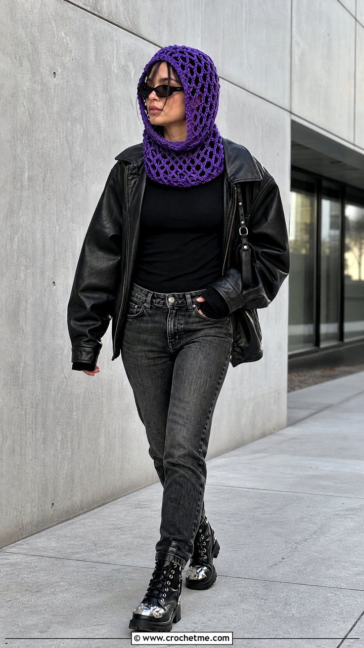 Mesh Crochet Hooded Cowl With Leather Jacket - 35 crochet hooded cowl outfit ideas