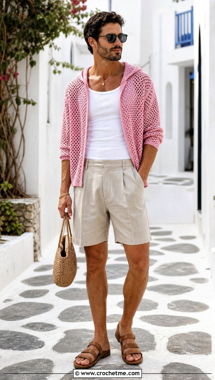 Mesh Crochet Hoodie With Tailored Shorts - 35 crochet hoodie for men outfit ideas