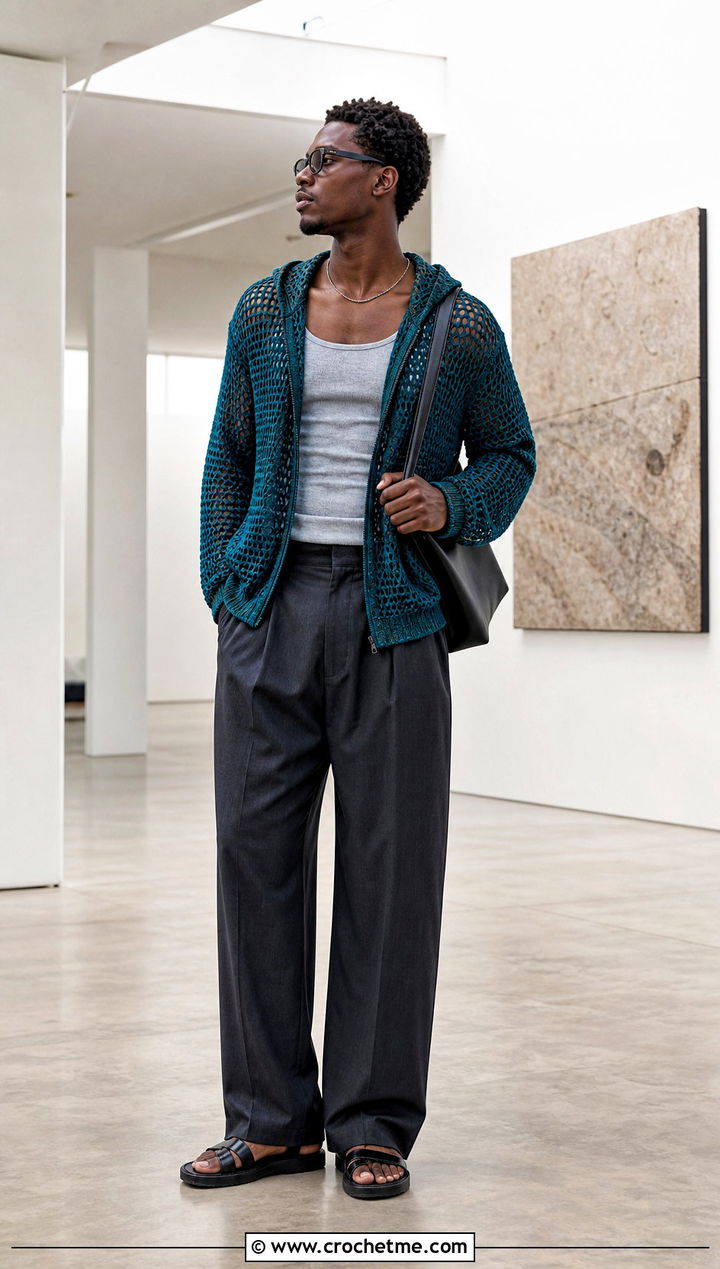 Mesh Crochet Hoodie With Wide Leg Trousers - 30 crochet mens hoodie outfit ideas