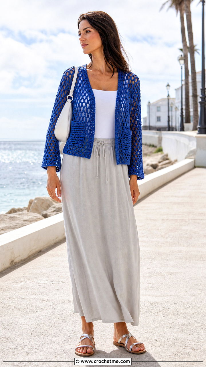 Mesh Crochet Jacket With Bodysuit And Maxi Skirt - 35 crochet coats & jackets outfit ideas