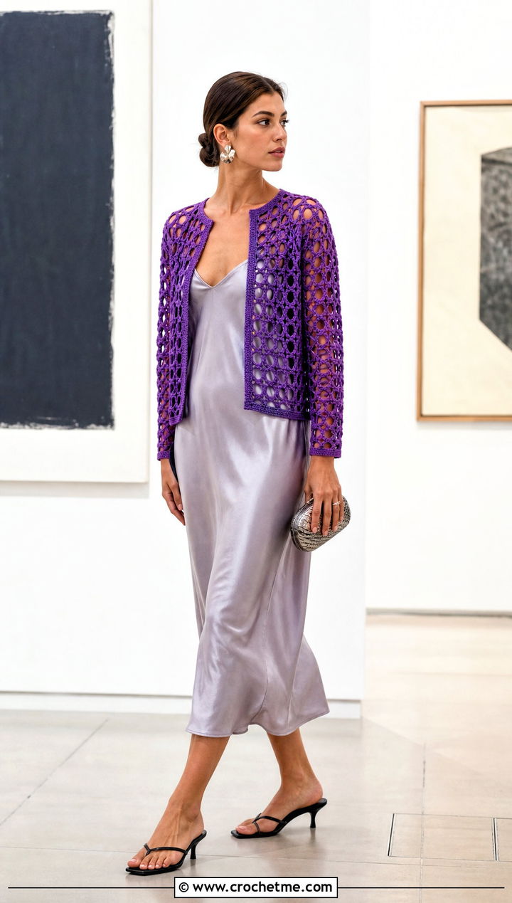 Mesh Crochet Jacket With Satin Slip Dress - 15 crochet jacket for beginners outfit ideas