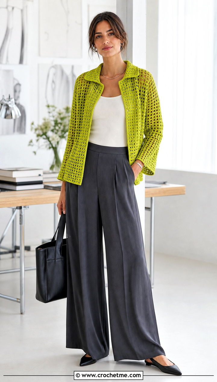 Mesh Crochet Jacket With Wide Leg Trousers - 20 Crochet Ladies Jacket outfit ideas