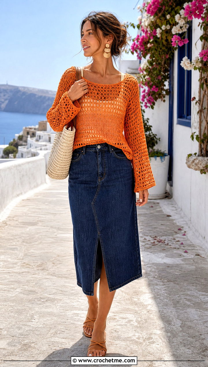 Mesh Crochet Jumper With Denim Midi Skirt - 20 Beginner Crochet Jumper outfit ideas