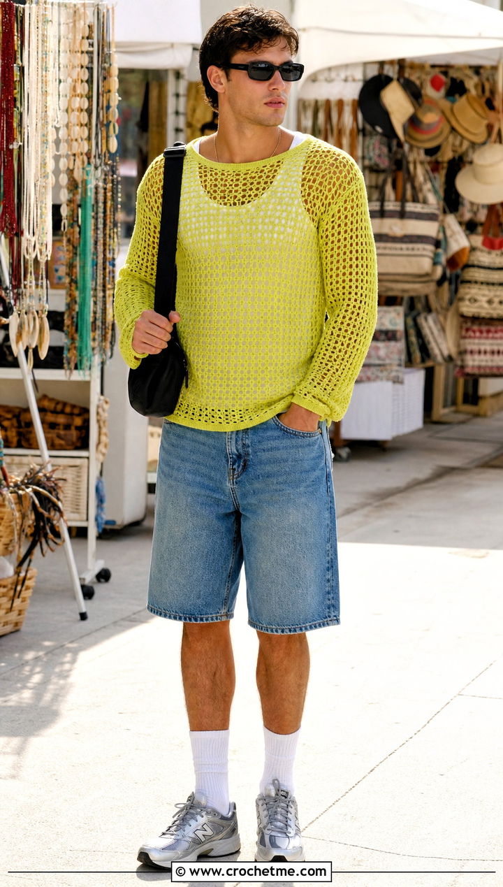 Mesh Crochet Jumper With Denim Shorts - 35 men crochet jumper outfit ideas