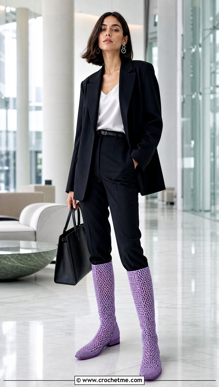Mesh Crochet Knee High Boots With A Tailored Pantsuit - 15 Crochet Knee High Boots outfit ideas