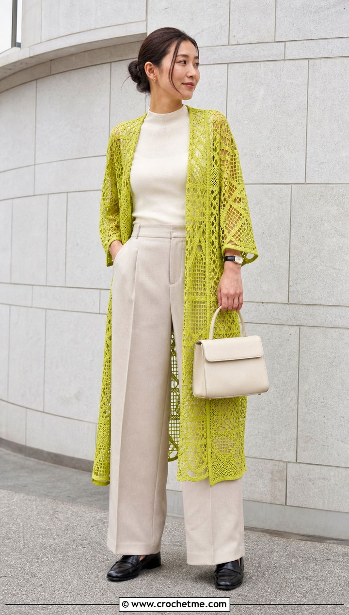 Mesh Crochet Lace Kimono With Tailored Trousers - 25 crochet lace kimono outfit ideas