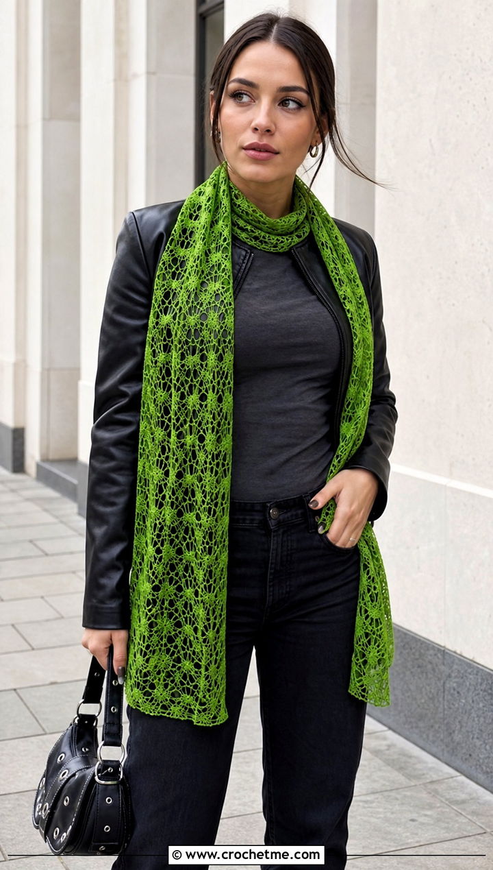 Mesh Crochet Lace Scarf With Leather Jacket And Black Jeans - 30 easy crochet lace scarf outfit ideas