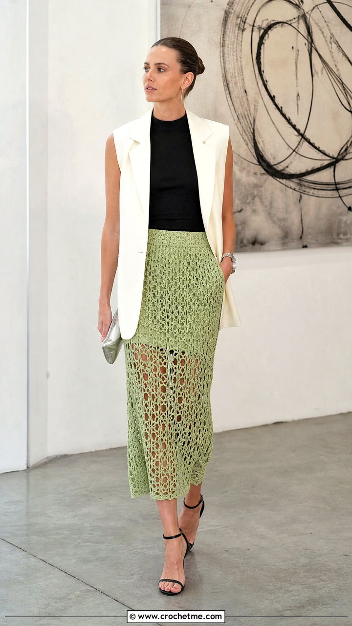 Mesh Crochet Lace Skirt With Longline Vest - 35 crochet lace skirt outfit ideas