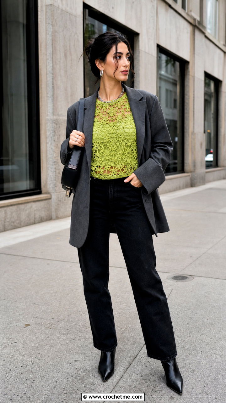 Mesh Crochet Lace Top With Oversized Blazer - 35 crochet lace top outfit ideas