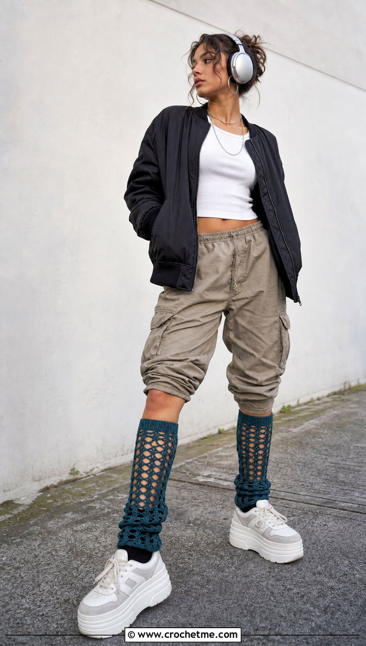 Mesh Crochet Leg Warmers With Cargo Pants And Platform Sneakers - 25 Crochet Legwarmer outfit ideas