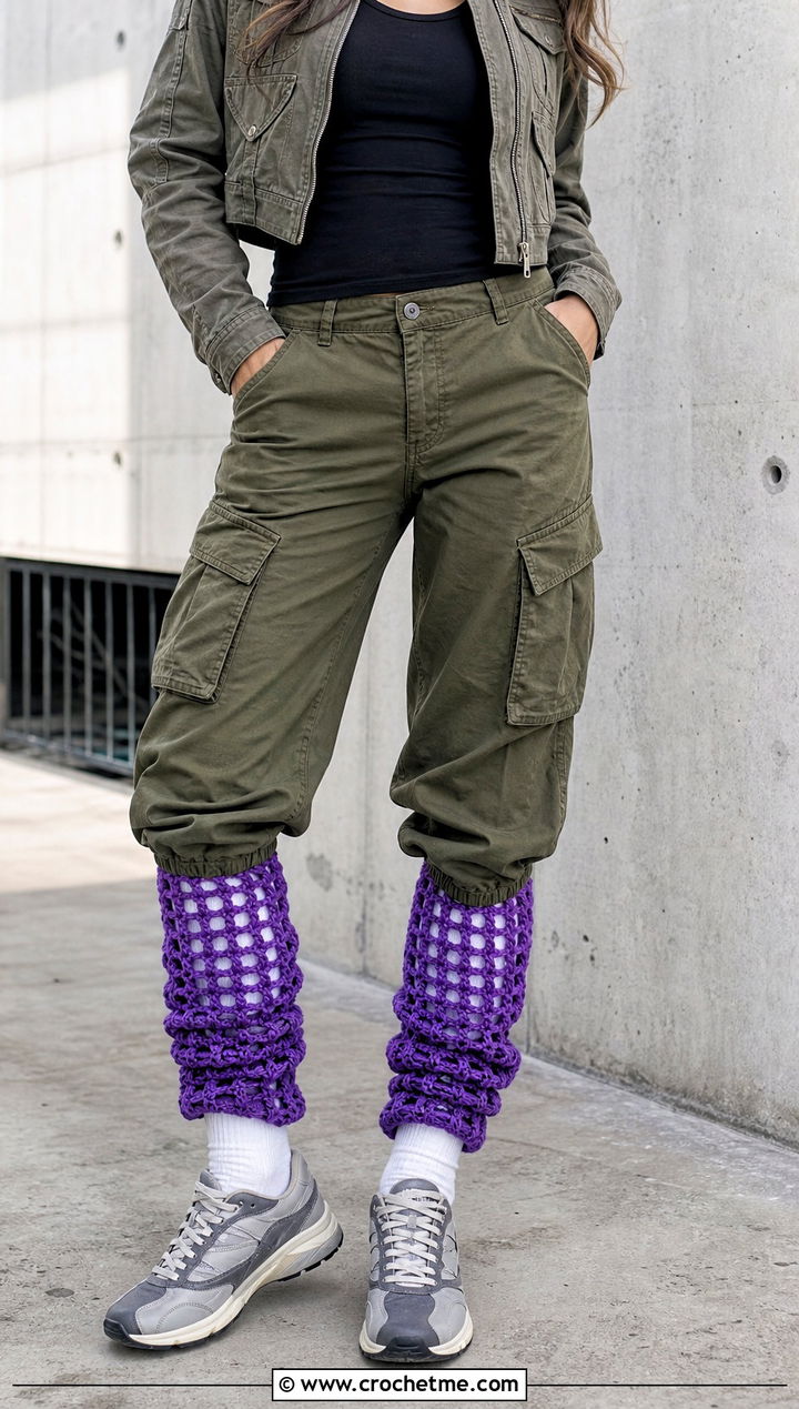 Mesh Crochet Leg Warmers With Cargo Pants - 30 aesthetic crochet leg warmers outfit ideas