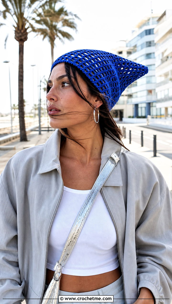 Mesh Crochet Link Hat With Denim Maxi Skirt - 30 crochet link hat outfit ideas