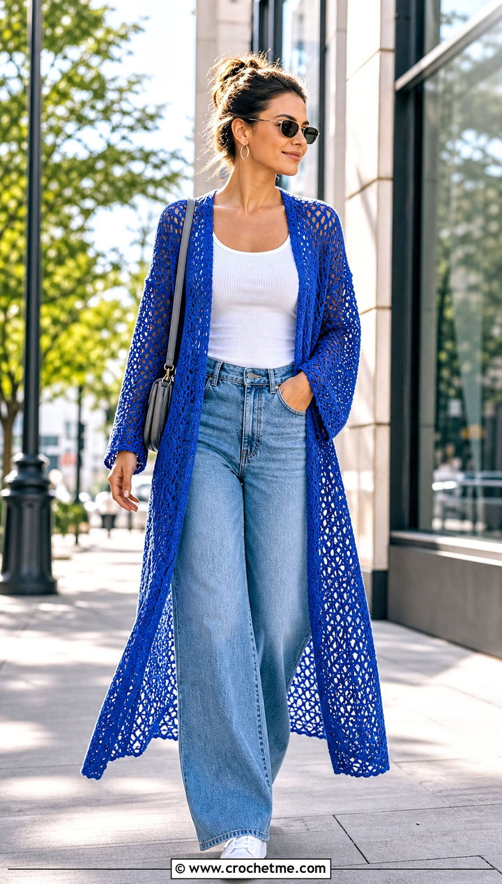 Mesh Crochet Long Lacy Cardigan With Wide Leg Jeans - 20 Crochet Long Lacy Cardigan outfit ideas