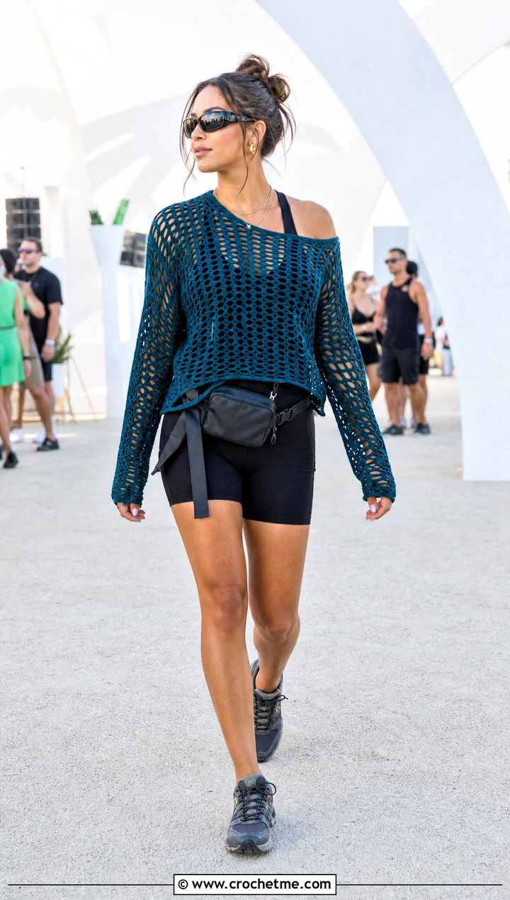 Mesh Crochet Long Sleeve Top With Bike Shorts - 25 crochet festival clothes and outfit ideas