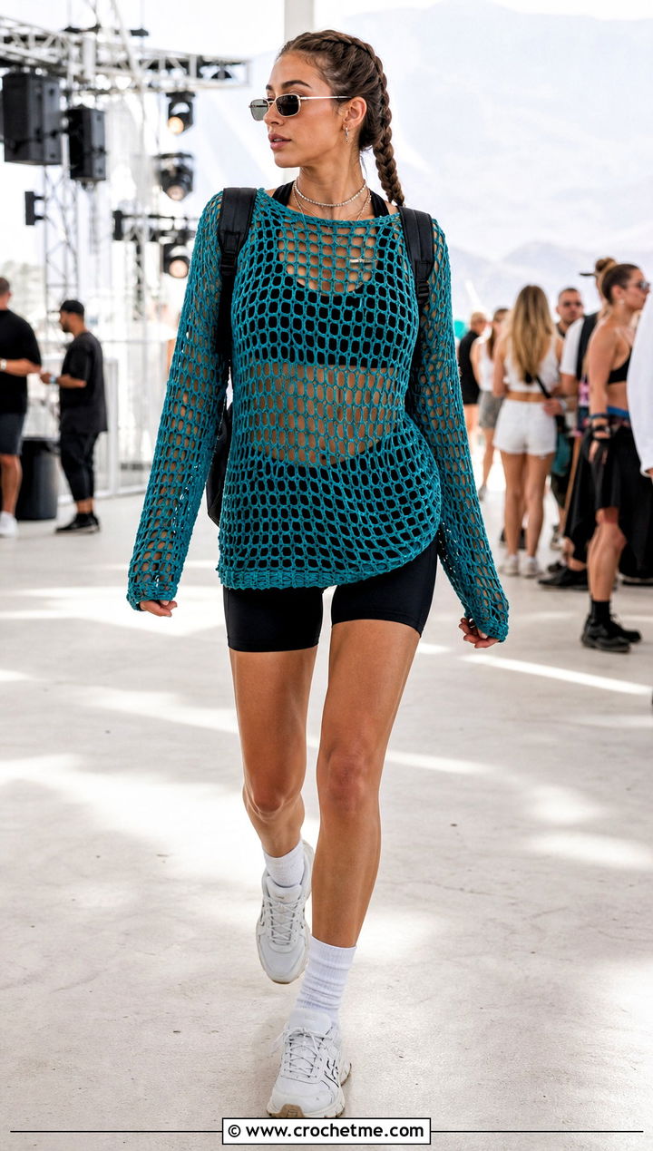 Mesh Crochet Long Sleeve Top With Biker Shorts - 35 Crochet Top Festival Outfit ideas