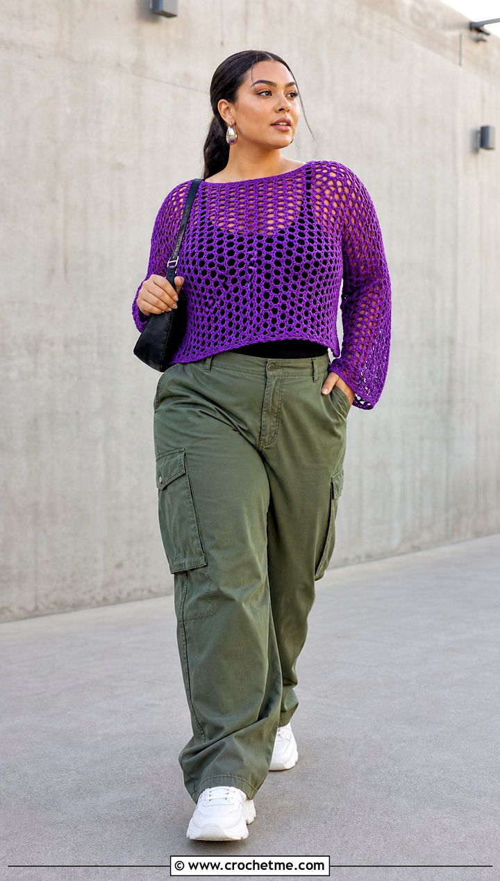 Mesh Crochet Long Sleeve Top With Cargo Pants - 35 plus size crochet top outfit ideas