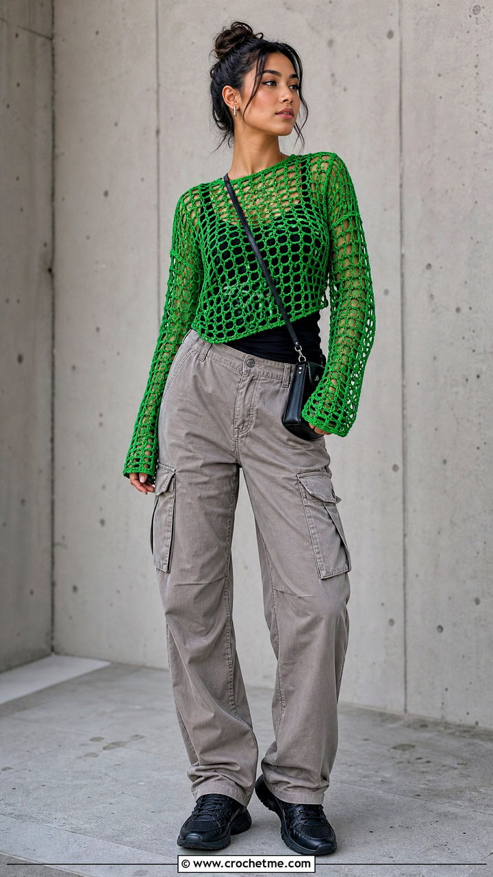 Mesh Crochet Long Sleeve Top With Cargo Pants - 35 trendy crochet tops outfit ideas