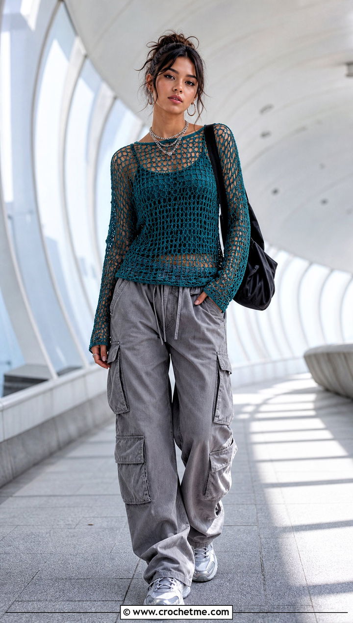 Mesh Crochet Long Sleeve Top With Cargo Pants - 20 Crochet Top Y2K Outfit ideas