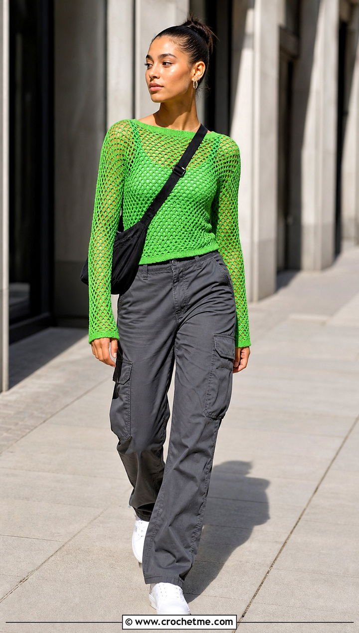Mesh Crochet Long Sleeve Top With Cargo Pants - 30 cute crocheted tops outfit ideas