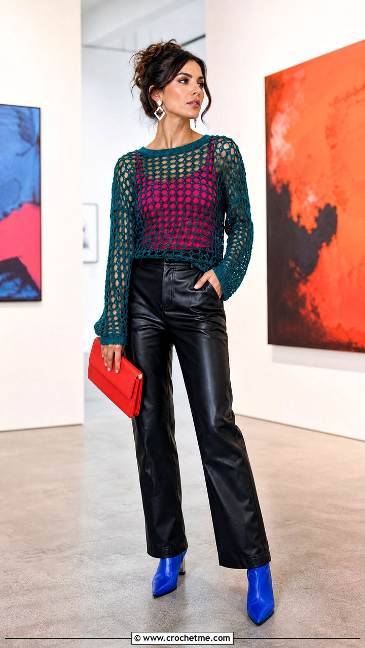 Mesh Crochet Long Sleeve Top With Leather Pants - 35 crochet ladies tops outfit ideas
