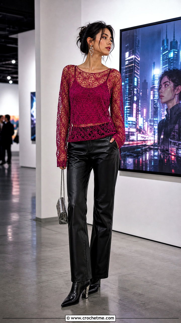 Mesh Crochet Long Sleeve Top With Leather Pants - 35 anime crochet clothes and outfit ideas