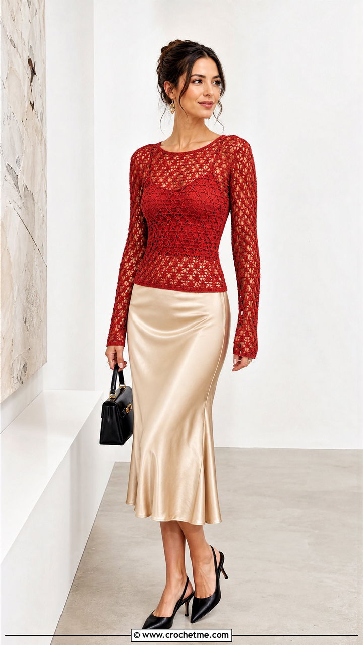 Mesh Crochet Long Sleeve Top With Satin Midi Skirt - 35 cute crochet tops outfit ideas