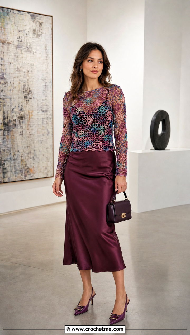Mesh Crochet Long Sleeve Top With Satin Midi Skirt - 30 multi color crochet top outfit ideas