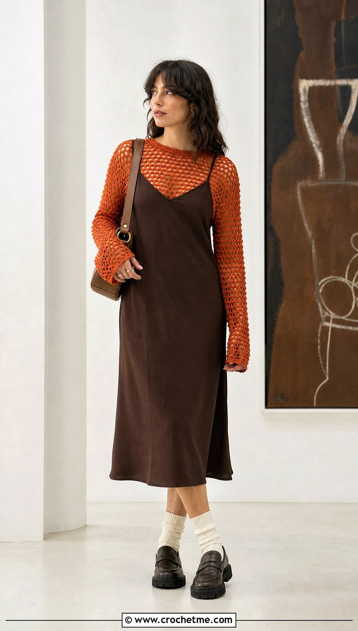 Mesh Crochet Long Sleeve Top With Slip Dress - 20 Crochet Top For Spring outfit ideas