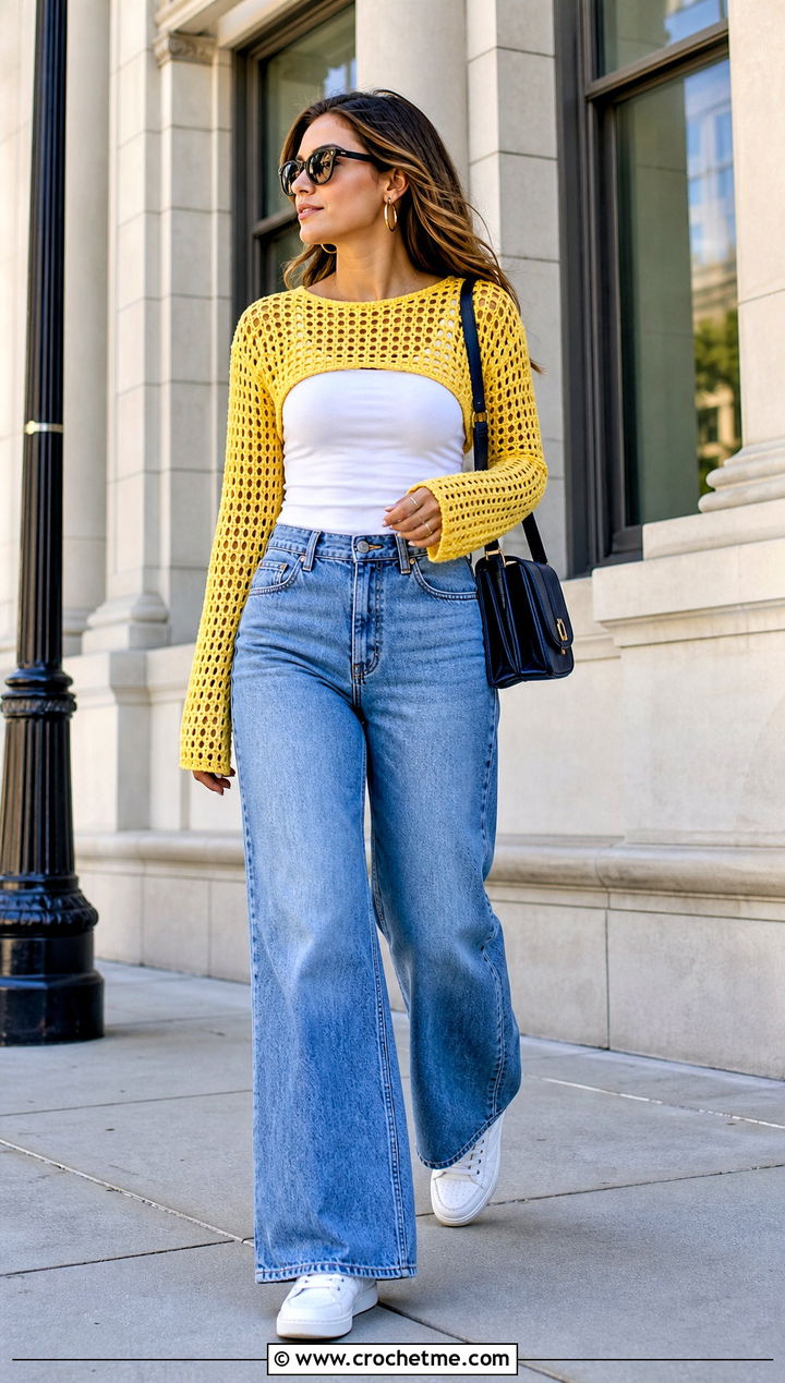 Mesh Crochet Long Sleeve Top With Wide Leg Jeans - 35 crochet long sleeve tops outfit ideas