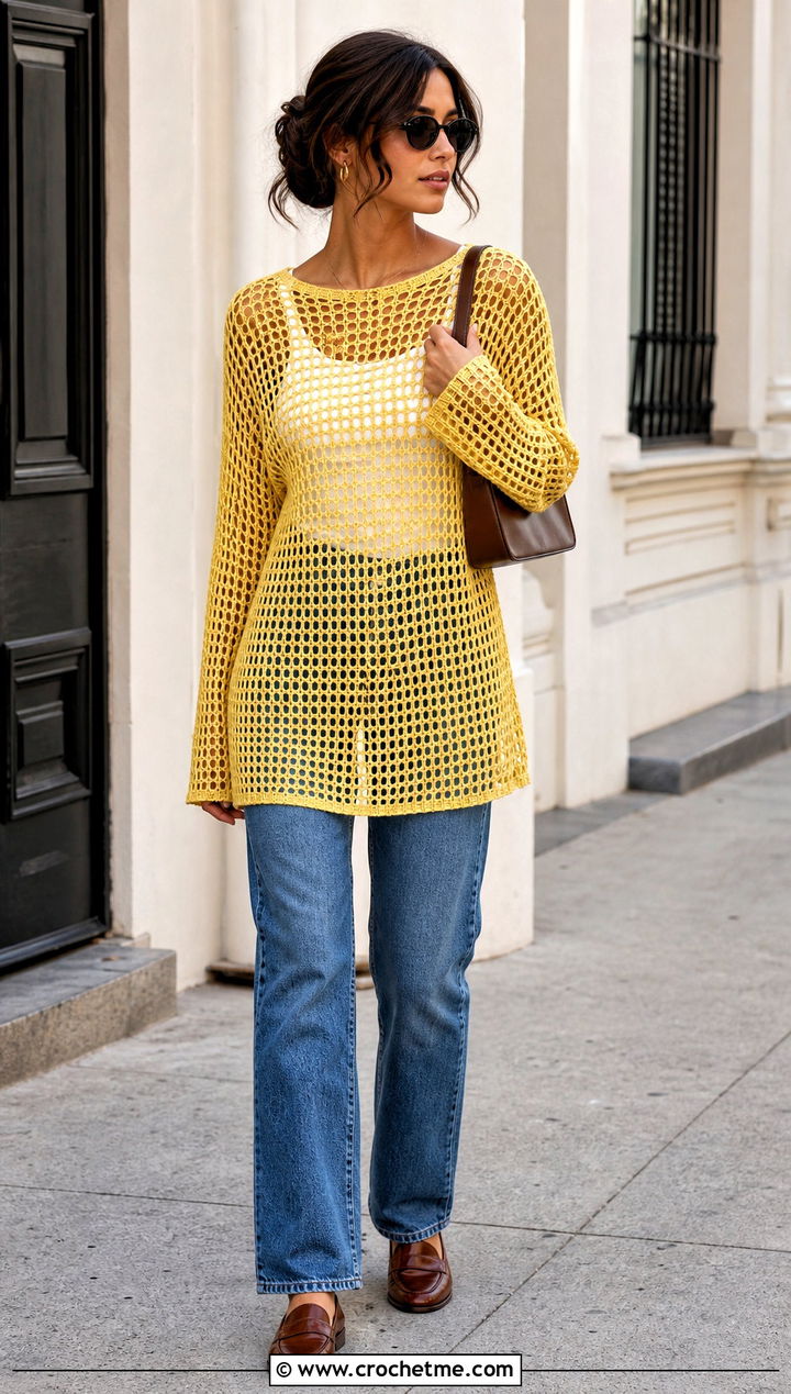 Mesh Crochet Long Sleeve Tunic With Straight Leg Jeans - 15 Crochet Long Sleeve Tunic outfit ideas