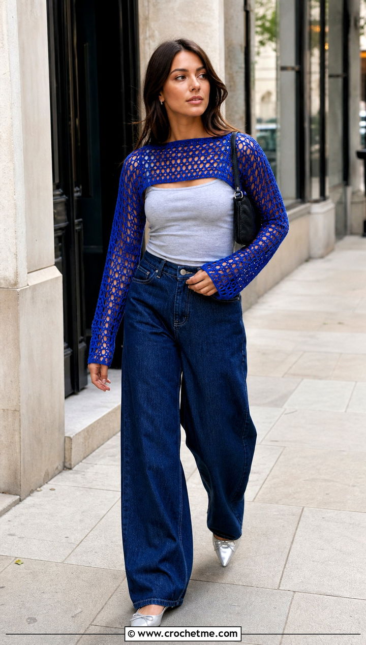 Mesh Crochet Long Sleeved Top With Wide Leg Jeans - 25 Crochet Long Sleeved Top outfit ideas