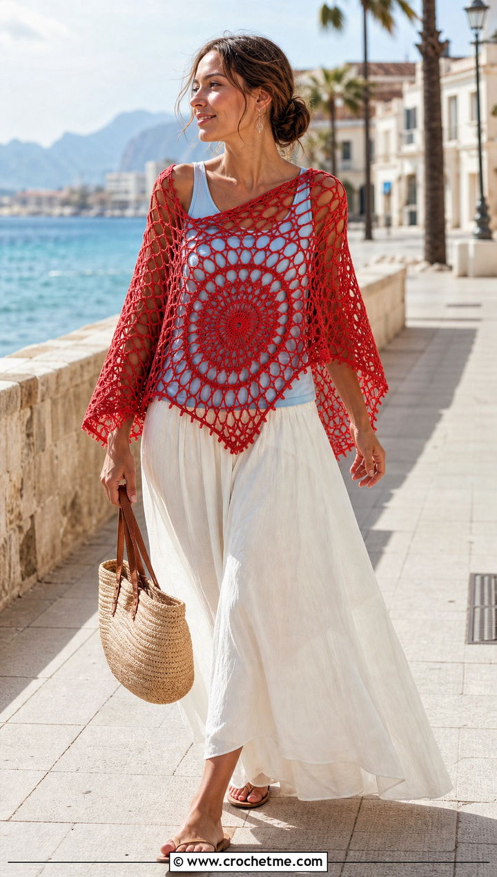 Mesh Crochet Mandala Shawl With Tank And Maxi Skirt - 25 Crochet Mandala Shawl outfit ideas