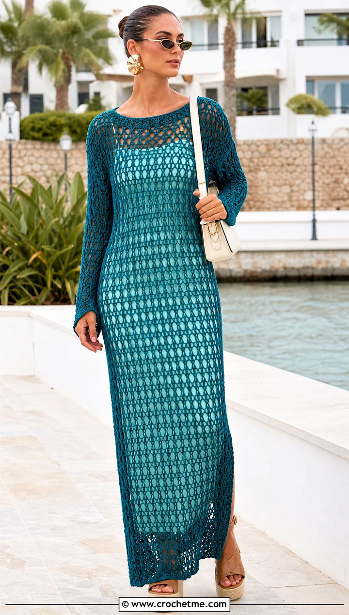 Mesh Crochet Maxi Dress With Platform Sandals - 35 long sleeve crochet dress outfit ideas