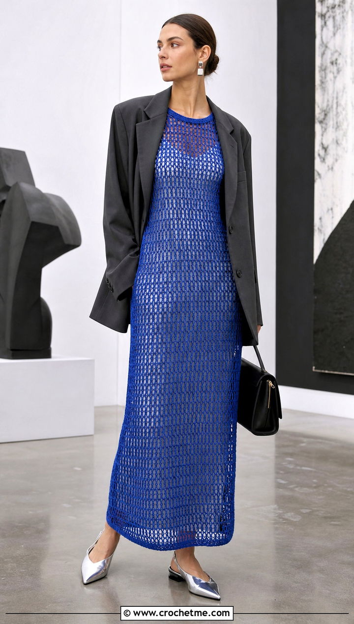 Mesh Crochet Maxi Dress With Tailored Blazer - 35 cute crochet dress ideas