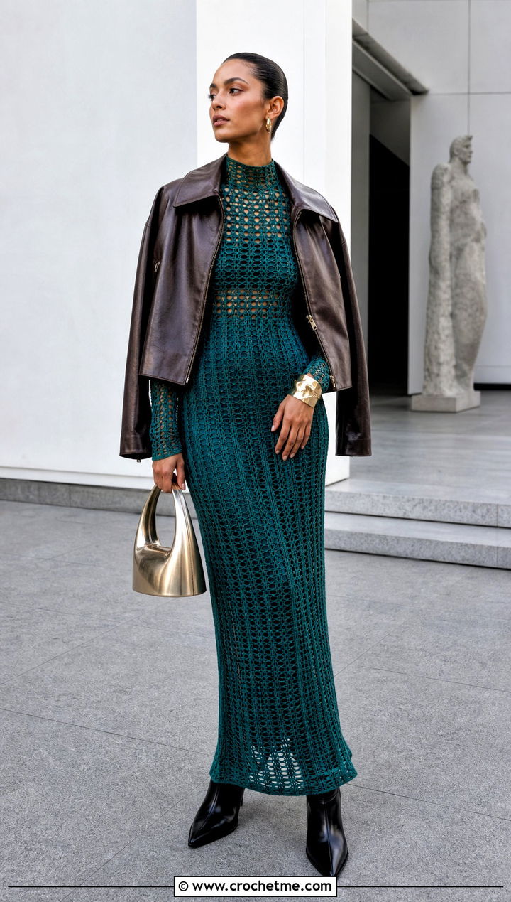 Mesh Crochet Maxi Skirt Set With Leather Jacket - 25 two piece crochet skirt set outfit ideas