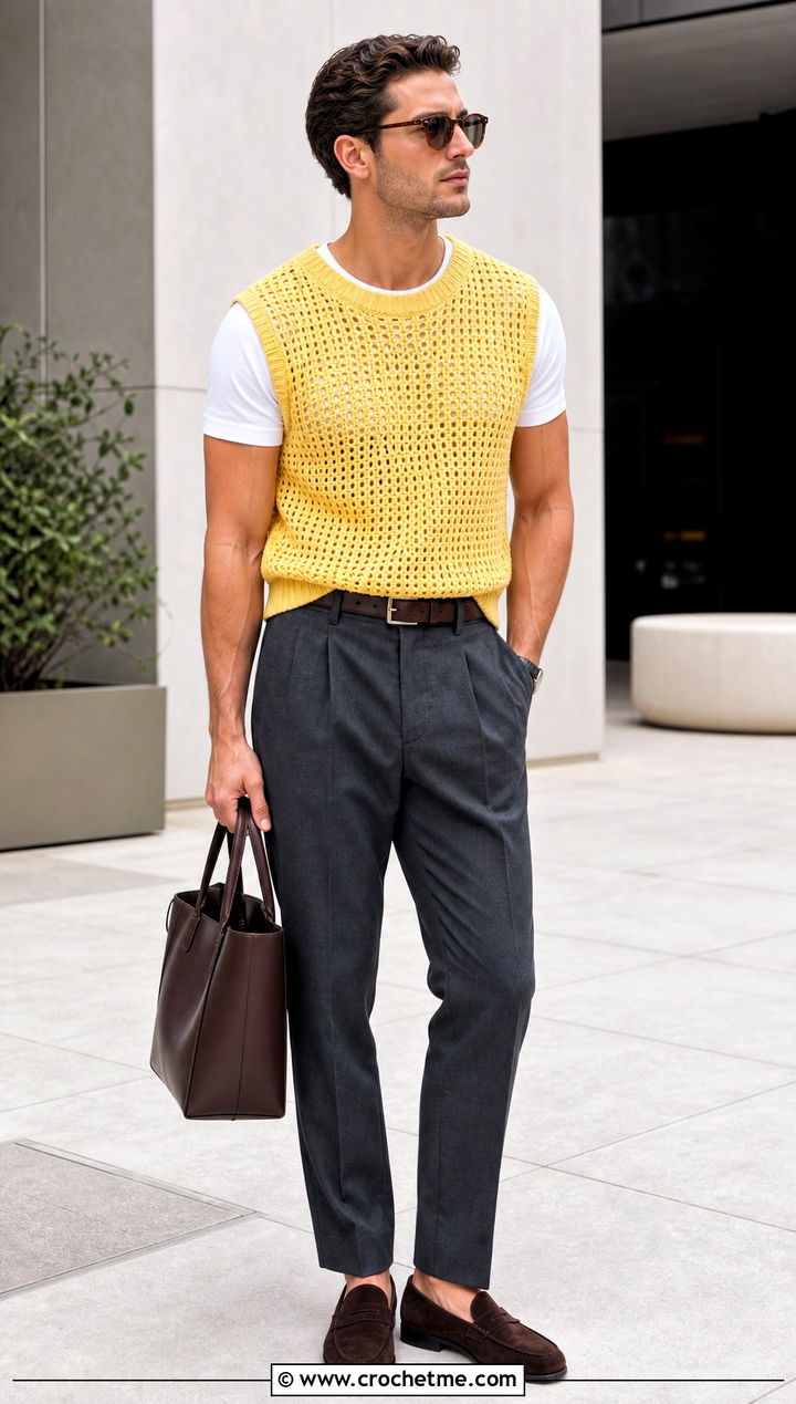 Mesh Crochet Mens Sweater Vest With Pleated Trousers - 25 crochet mens sweater vest outfit ideas