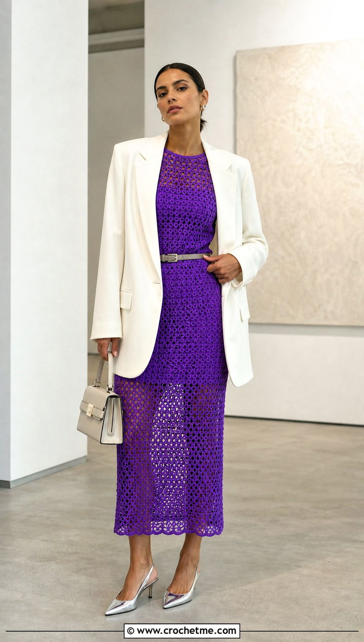 Mesh Crochet Midi Dress With Tailored Blazer - 15 colorful crochet dress outfit ideas